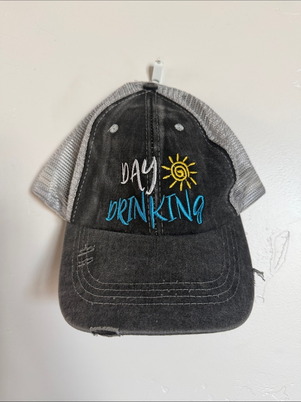 Grey Mesh Trucker Hat with 'Day Drinking' Embroidery